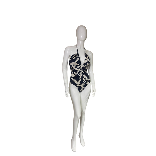 Traje de baño de una pieza negro con flores beige