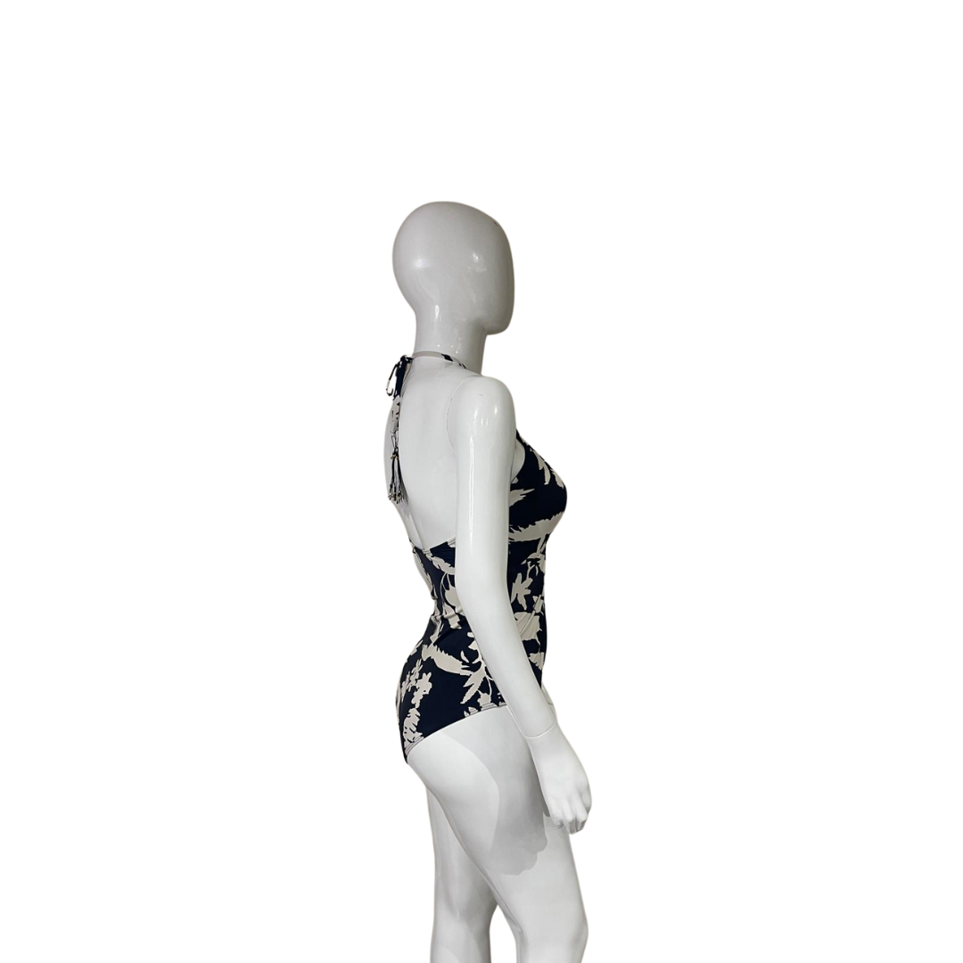 Black with Beige Flower One Piece