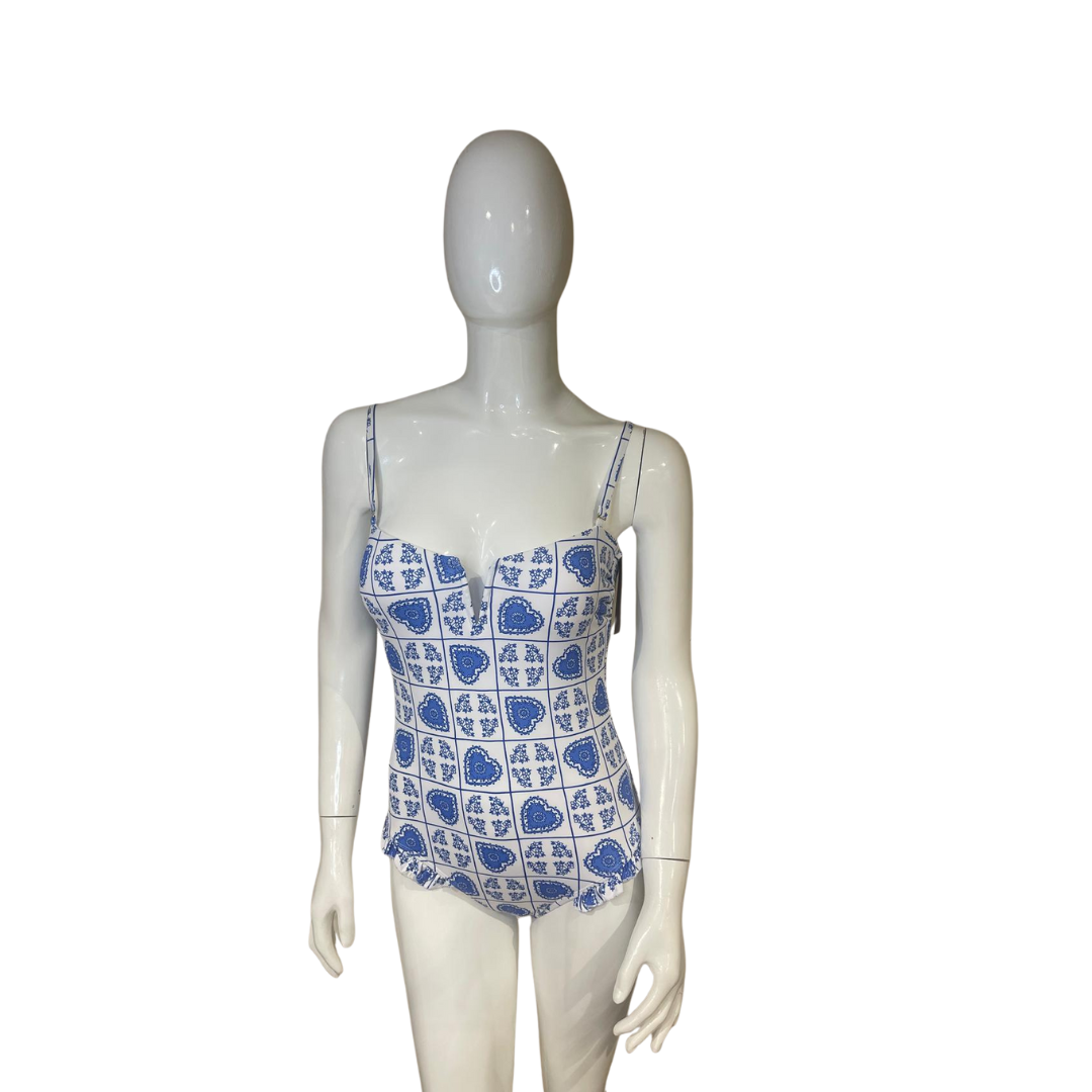 Traje de baño de una pieza blanco con azul